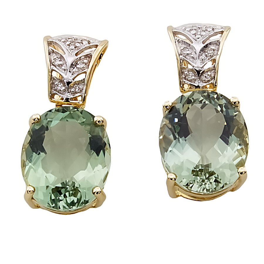 9ct Gold Green Amethyst/Diamond Drop Earrings